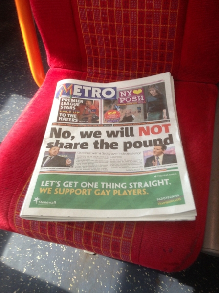 Metro-Zeitung mit Überschrift "No, we will not share the Pound"