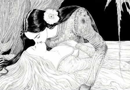 Schneewittchen küsst Dornröschen; Illustration von Chris Riddell aus Neil Gaimans "The Sleeper and the Spindle"