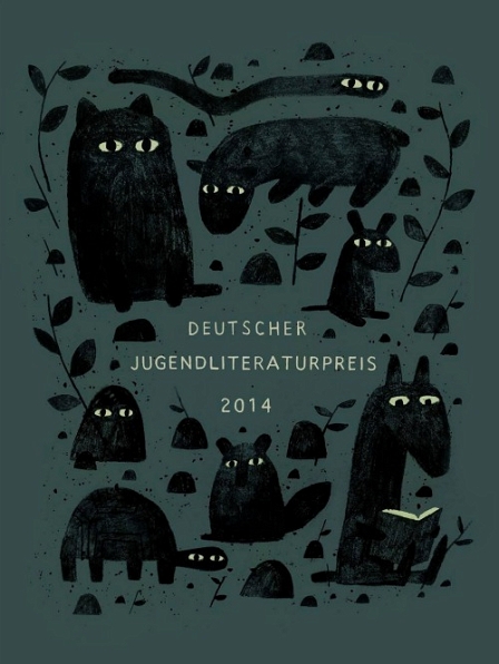 Plakat für den Deutschen Jugendliteraturpreis 2014 von Jon Klassen - verschiedene Wesen sitzen mit gelben Augen im Dunkeln