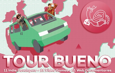 Eine rote Europakarte und ein grüner Bus in einem einfachen Zeichenstil. Darunter steht "Tour Bueno. 11 Indie Developers - 11 Video Games - 11 Web Documentaries".