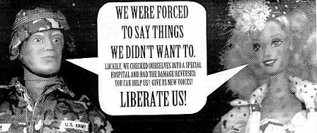 1993: Die sprechende Barbie sagt "Tote reden nicht", G.I. Joe ("Big Jim") sagt: "Ich will shoppen" - eine Aktion der Barbie Liberation Front