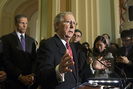 US Senate Majority Leader Republican, Mitch McConnell, faces the press as the party comes under heavy criticism after 47 Senate Republicans signed an open letter to Iran