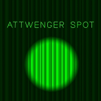 Das Frontcover der Attwenger CD "Spot": ein grüner Samtvorhang mit Spotlight, darüber ebenfalls in grün, der Schriftzug "ATTWENGER SPOT"