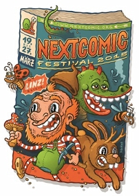 Logo der Nextcomic-Messe. Comicfiguren springen aus dem Cover einer Zeitschrift heraus