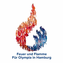 Logo der Olympiabewerbung Frankfurts. Menschen zu einer Flamme geformt