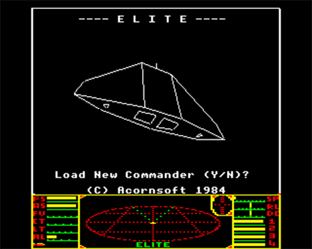 Titelscreen von "Elite": die Darstellung eines Raumschiffes in einfacher schwarz/weiß 3-D-Grafik, darunter eine zweifärbige Statusanzeige.