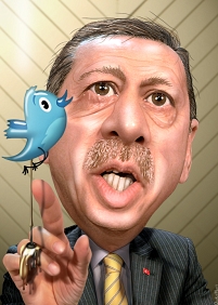 Karikatur vom türkischen Präsidenten Recep Tayyip Erdogan, dem ein Twitter-Vogel auf die Finger schmatzt.