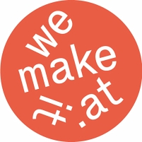 Logo von der Firma wemakeit: die Buchstaben in weiß in einem orange Kreis.