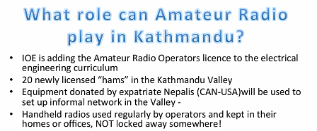 Vortragsfolie über die Rolle der Funkamateure im Tal von Kathmandu