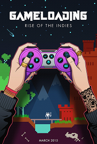 Cover von "GameLoading: Rise of the Indies": ein gezeichnetes Bild: ein bunter Game-Controller, der von zwei Händen bedient wird. Dahinter ein pixeliges Retro-Spiel.