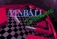 Titelbildschirm von "Pinball Dreams": ein virtueller Flipper in 3-D-Ansicht, darüber steht in bunter Schrift der Titel des Spiels.