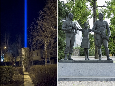 zweigeteilt: links das Foto von Jenny Holzers Denkmal, ein blauer Lichtstrahl aus einer Stele in der NAcht, rechts zwei Soldaten mit einem Mädchen bei Tag