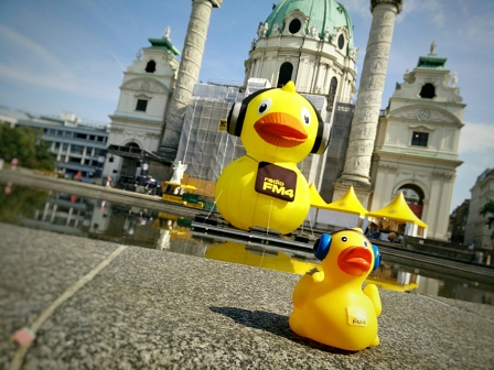 Eine große und eine kleine Ente am Teich vor der Karlskirche.