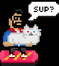 Hipster auf Hoverboard mit Laserkatze in Pixelgrafik