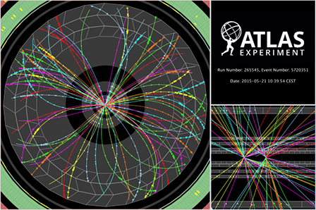 Displays of a proton-proton collision event recorded by ATLAS on 21 May 2015