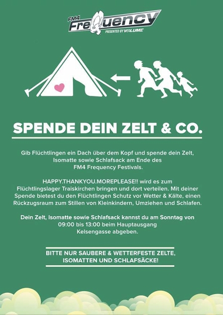 Flyer für Refugees Welcome, Zelte sammeln am FM4 Frequency