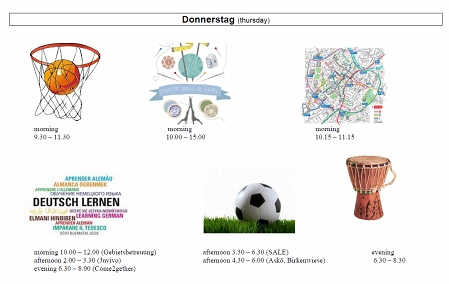 Zeitplan mit unterschiedlichen Aktivitäten wie Basketball oder Deutsch lernen.