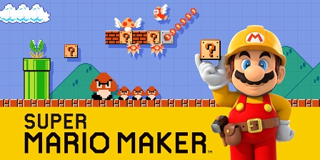 Cover von "Super Mario Maker": Einige Elemente und Figure aus dem Originalspiel aus 1985, dazu ein großer Super Mario, der einen Fragezeichenblock in der Hand hält.