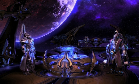 Screenshot aus Starcraft 2: Protoss am Mutterschiff namens "Spear of Adun".