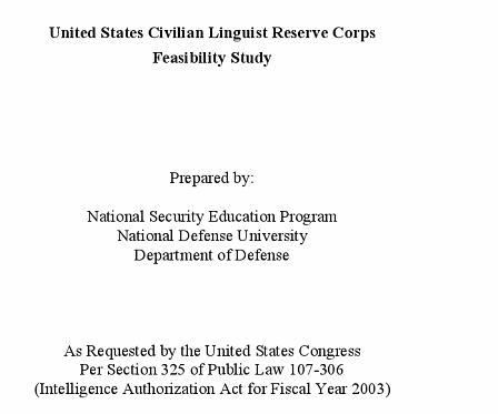 Titel der Machbarkeitsstudie zur Schaffung eines "Civilian Linguist Reserve Corps" 