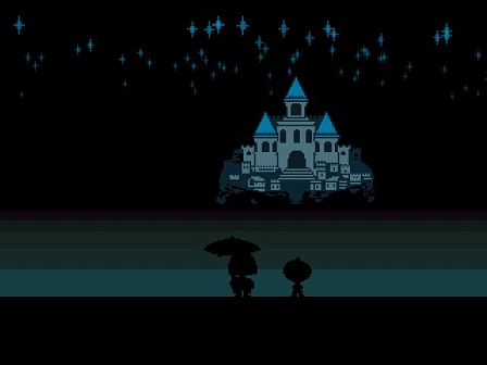 Charaktere aus Undertale vor einem Schloss