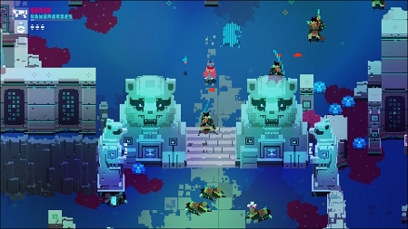 Spielszene in "Hyper Light Drifter": Die Spielfigur steht auf einer antiken Kampfarena, umringt von einigen Gegnern.