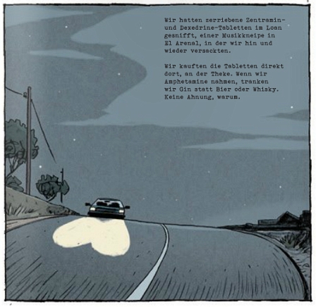 Auto fährt auf leere Straße, gezeichnet aus dem Comic "Wege aus dem Viertel"