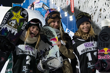 Top 3 women Big Air World Cup finals in Milan with Hailey Langland (USA) 2nd, Anna Gasser (AUT) 1st and Sarka Pancochova (CZE)