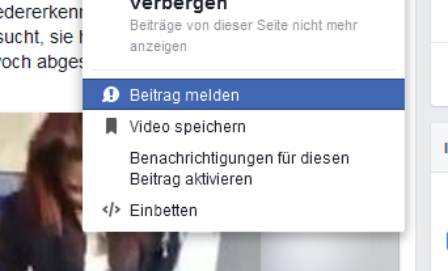 Screenshot von Facebook: Video melden.