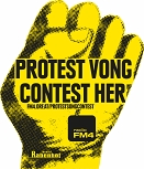 Geballte gelbe Faust "Protest vong Contest her"